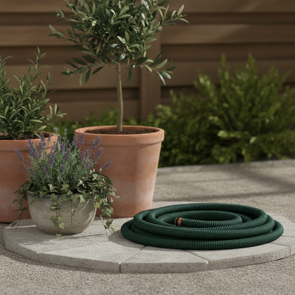 Lightweight expanding garden hose coiled neatly on a small patio