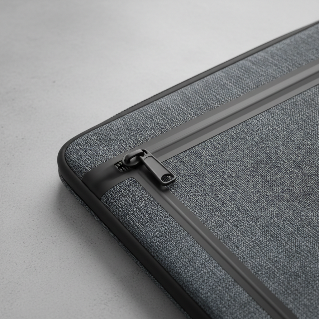 Close-up of waterproof zipper and seam detail on a men’s laptop sleeve
