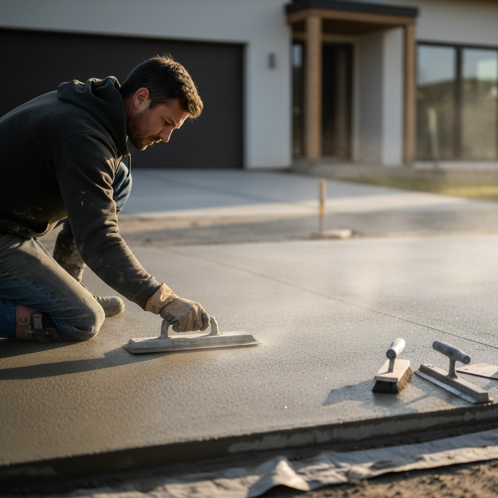 Contractor using a magnesium concrete float to level fresh slab