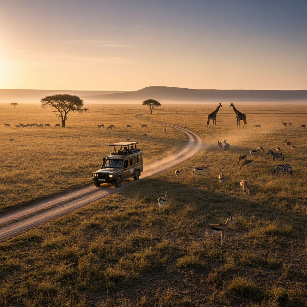Early morning wildlife drive with sunrise light over open plains