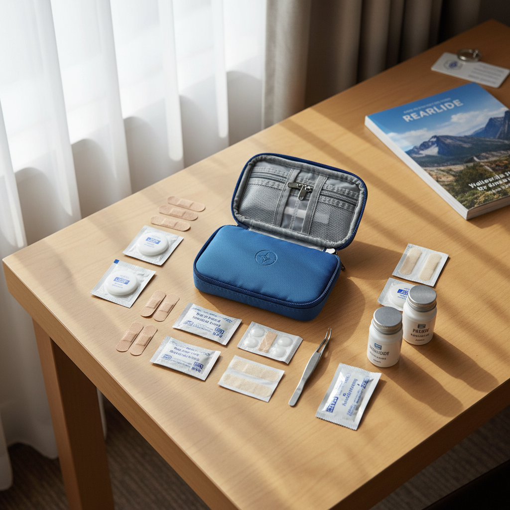 Travel first aid kit essentials laid out on a hotel desk