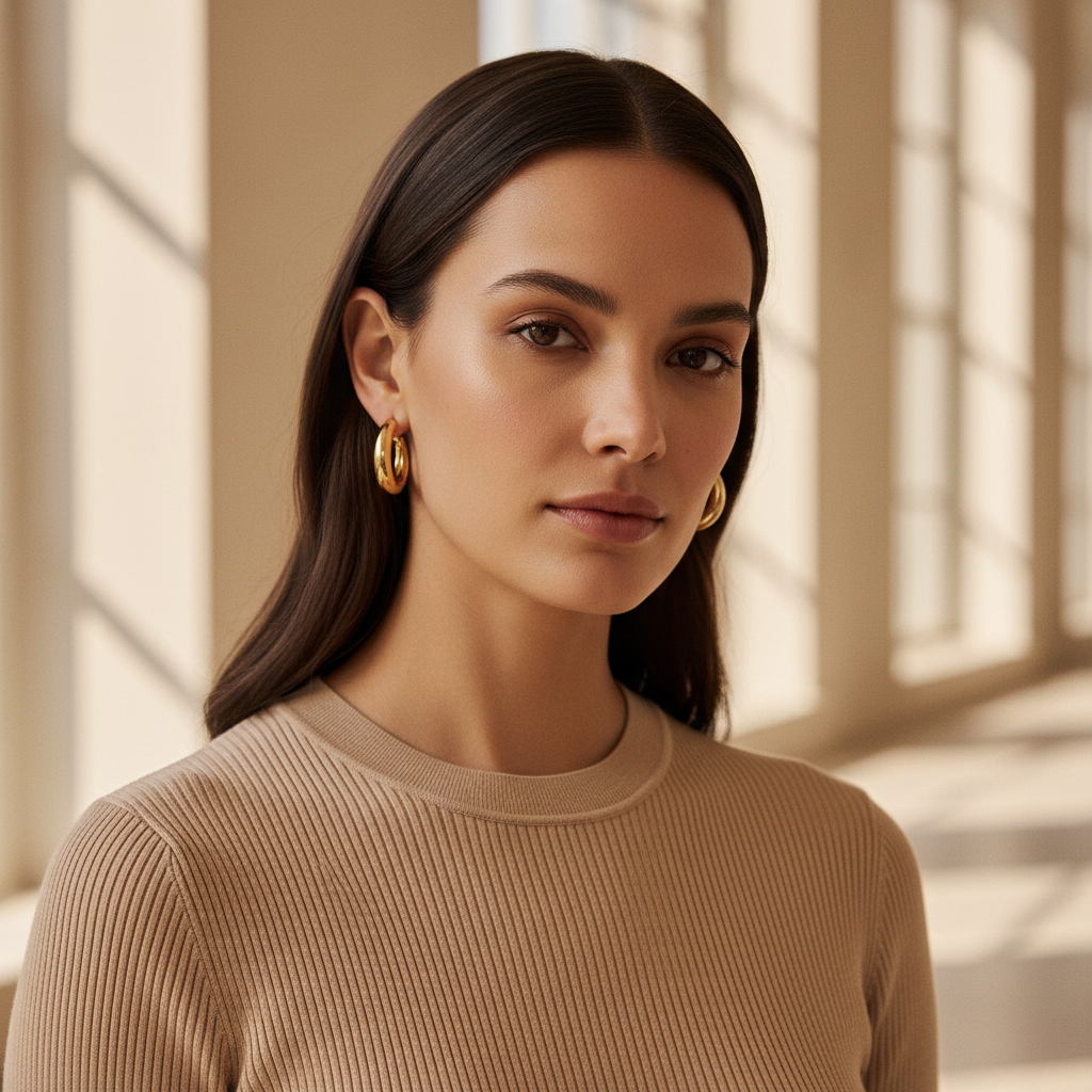 Classic gold hoop earrings styled with a neutral outfit