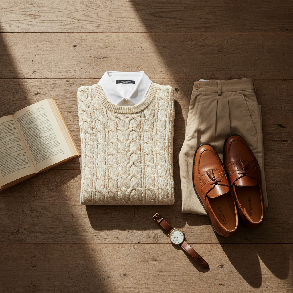 Light academia outfit in warm neutrals with knit sweater and trousers