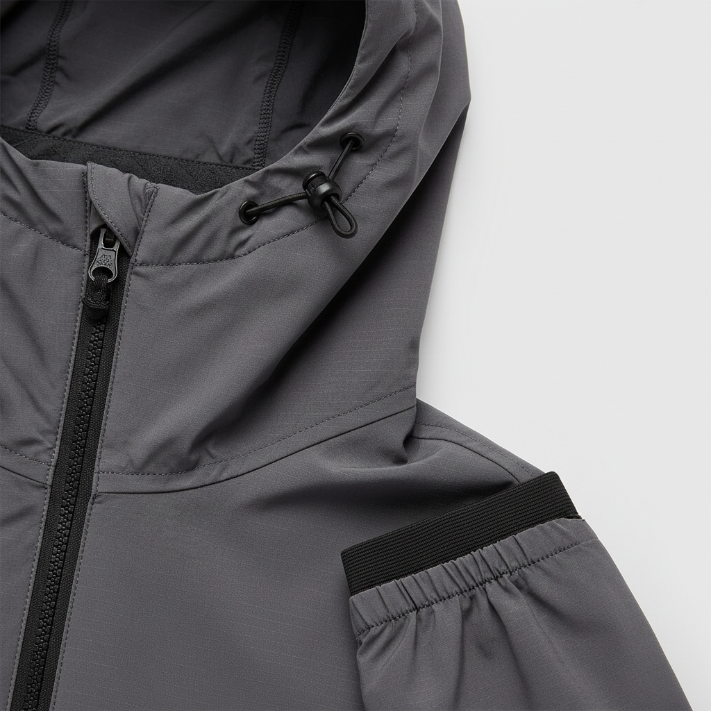 Close-up of windbreaker jacket details including hood adjuster and zipper