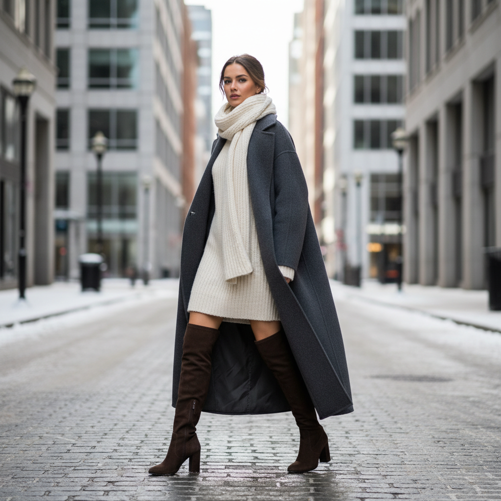 Cozy sweater dress winter outfit with boots and long coat