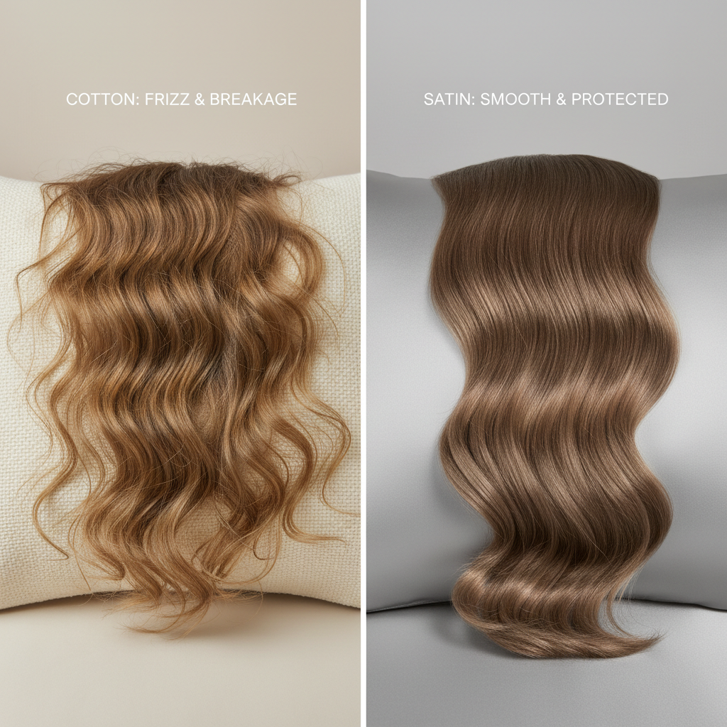 Comparison of hair frizz on cotton vs satin pillowcase