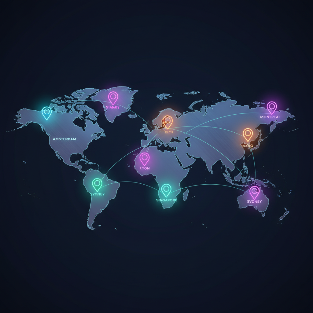 Map-style collage of global light festival destinations with pins and glowing highlights