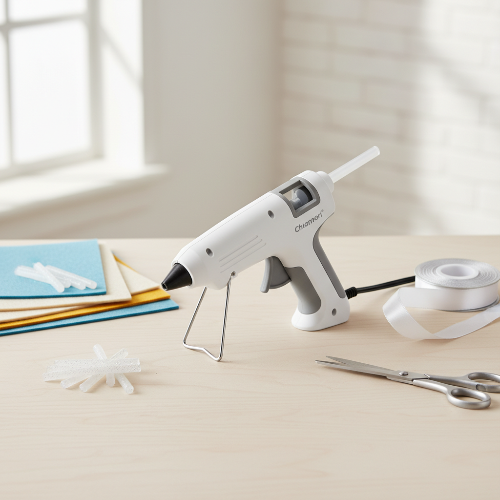 Small craft hot glue gun on a tidy DIY workspace with glue sticks and felt
