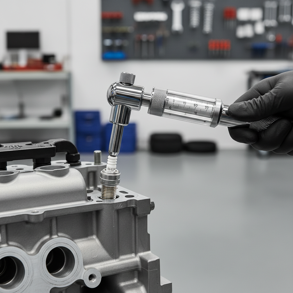 Torque wrench tightening a spark plug socket set on an engine cylinder head