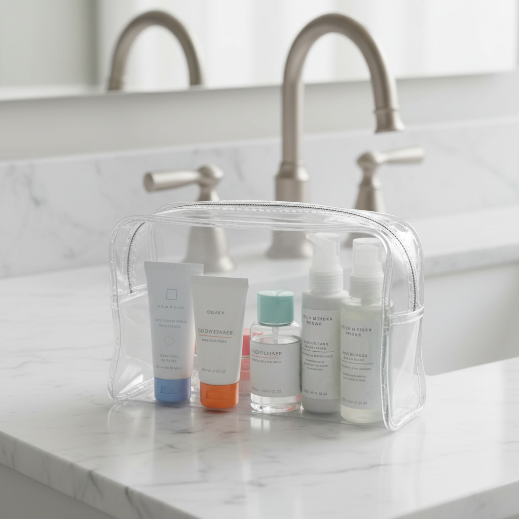 TSA-friendly clear pouch with mini liquids for travel makeup bag essentials