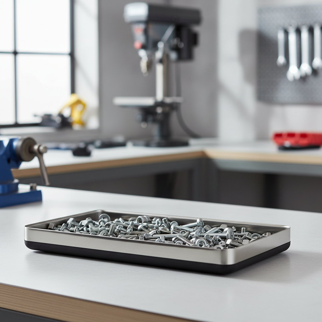 Non slip magnetic parts tray holding screws and nuts on a workbench