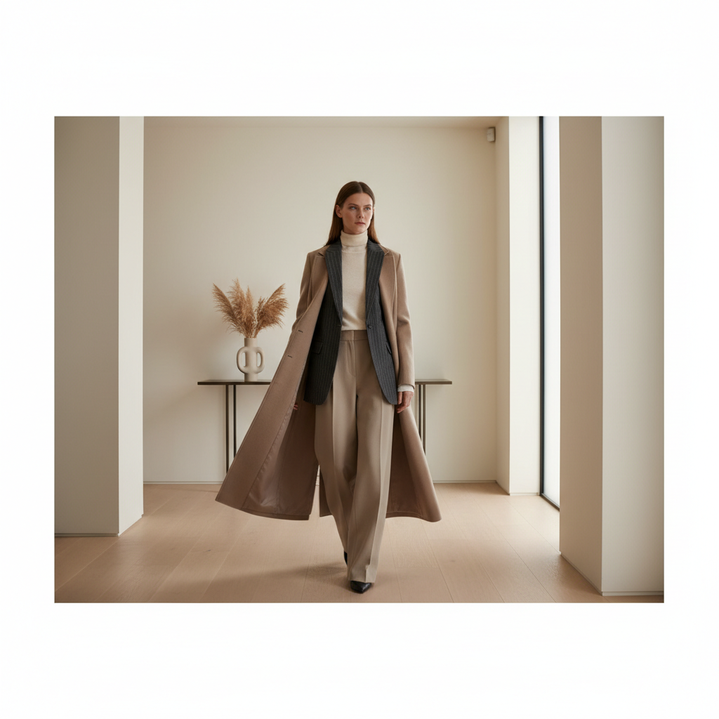 Layering a thin turtleneck under a blazer and coat for fall winter outfits