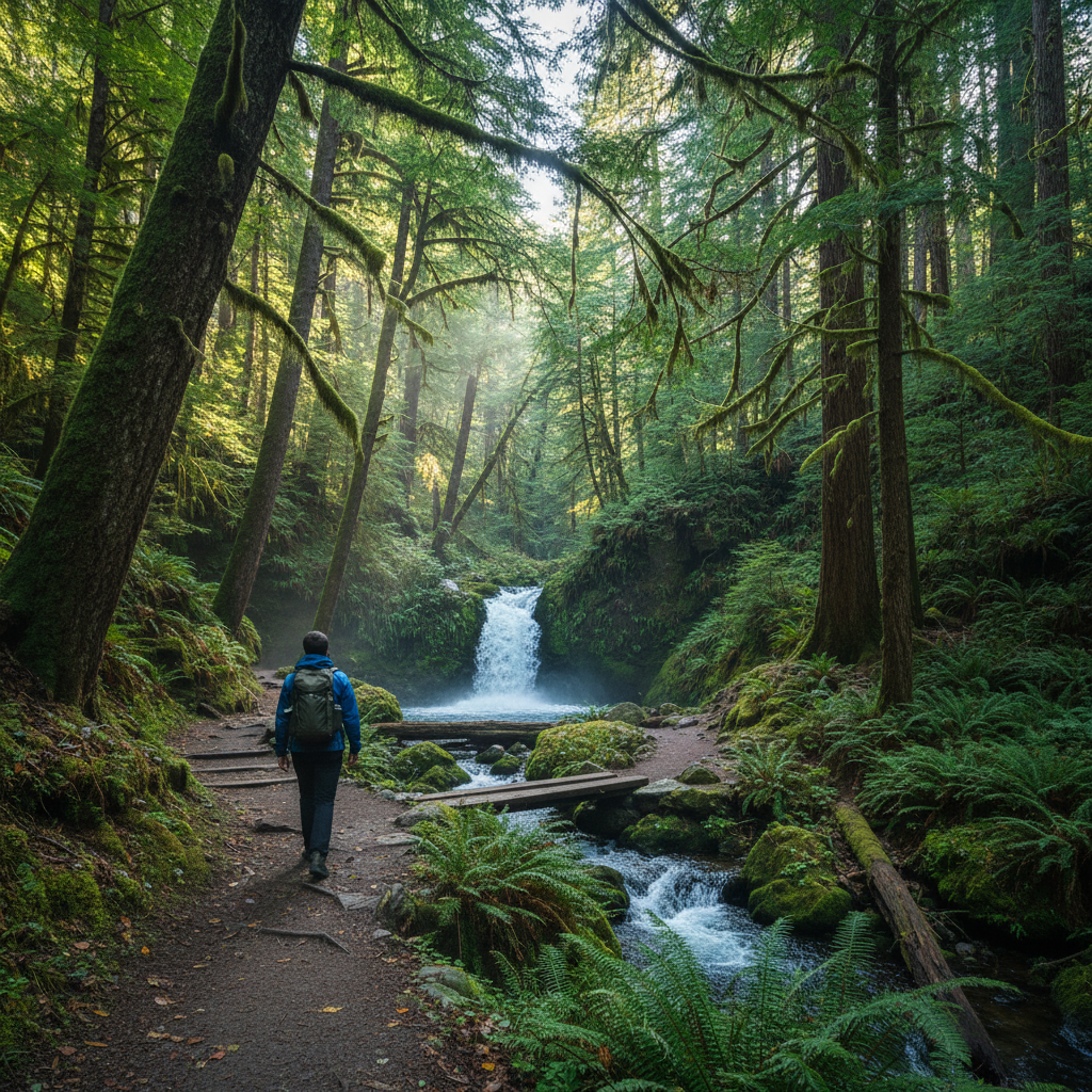Traveler on an easy waterfall hiking trail with a short scenic path