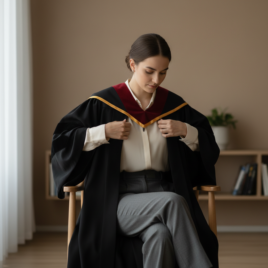 Women adjusting graduation gown over a semi formal outfit and checking comfort while seated