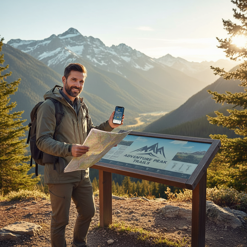 Traveler checking a trail map and weather forecast before a mountain hike