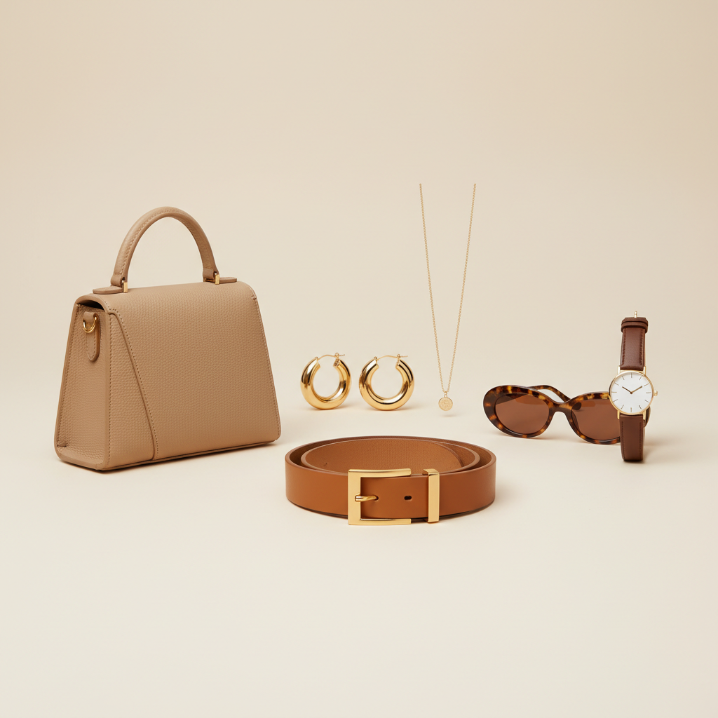 Minimal accessory capsule with jewelry, belt, sunglasses, and handbag