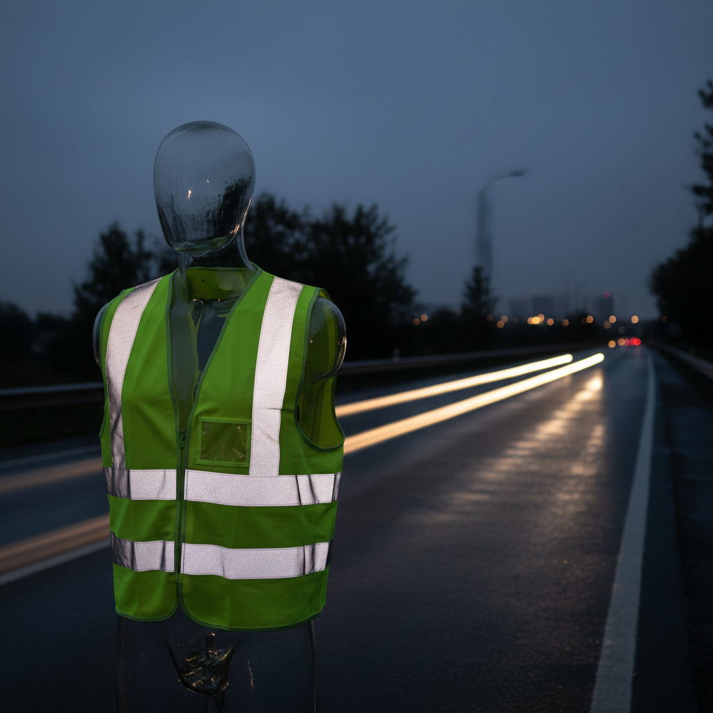 High visibility safety vest with reflective tape pattern in low light