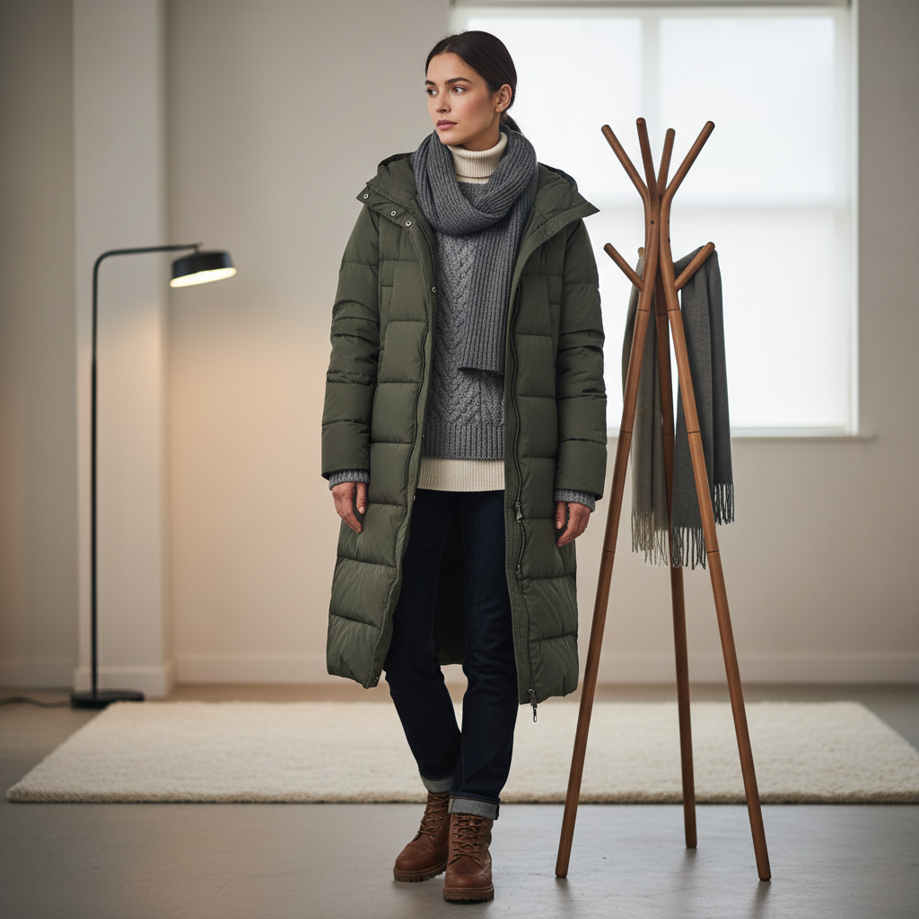 Winter layering under a down coat with scarf and boots for a warm stylish look