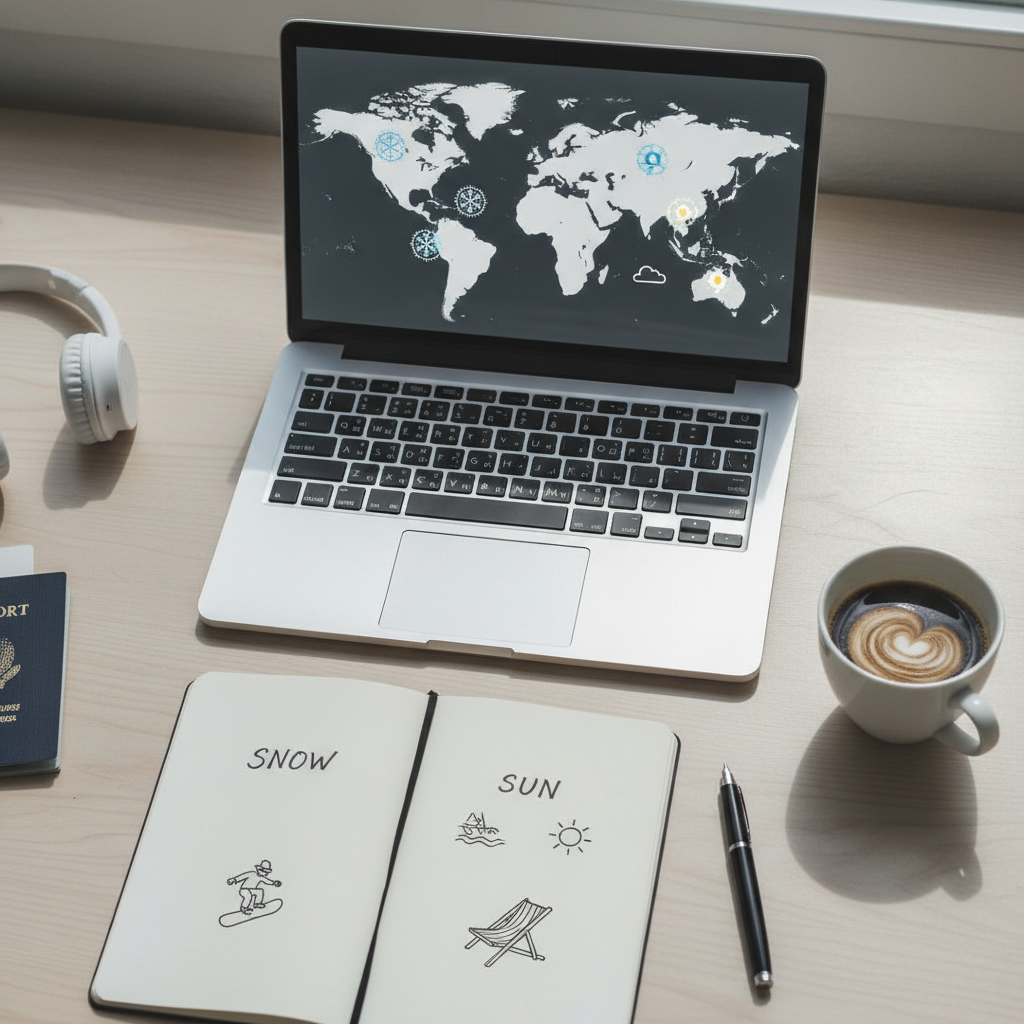 Winter travel planning with snow and sun options on a map