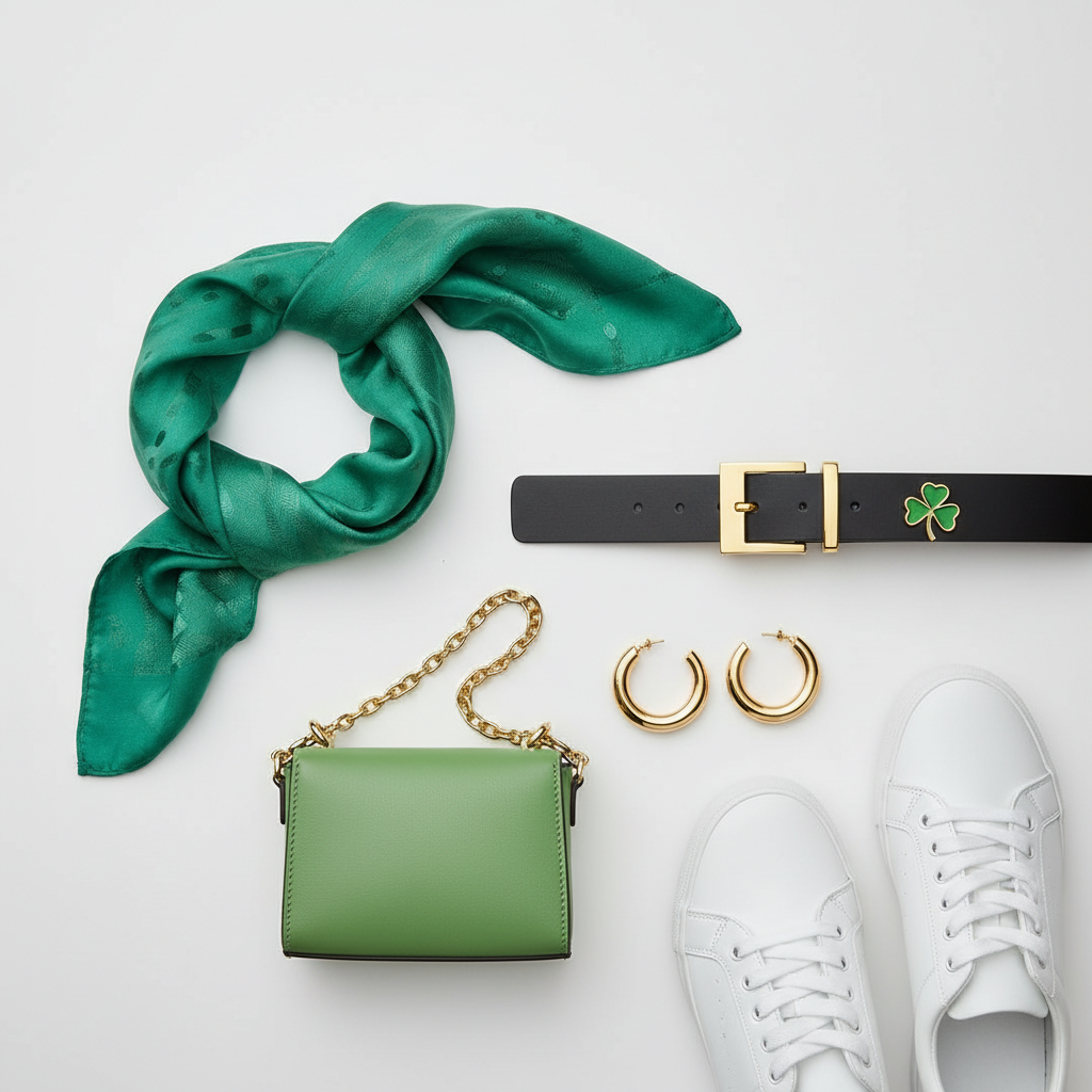 Green St. Patrick’s Day accessories laid out with neutral basics