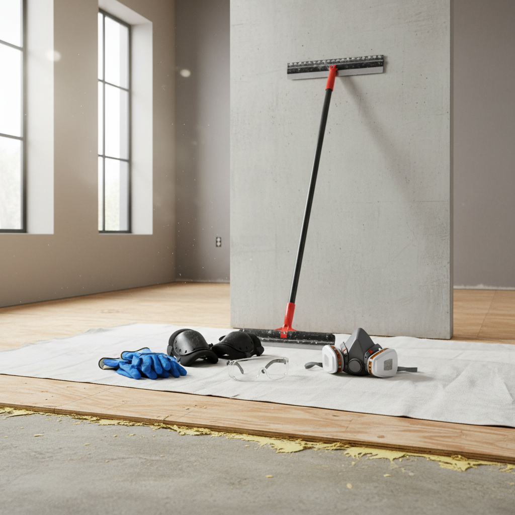 Safe scraping setup with gloves, knee pads, and dust protection