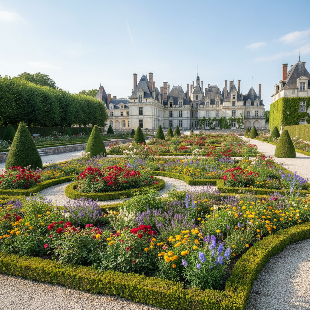 Loire Valley château garden with manicured hedges and seasonal flowers