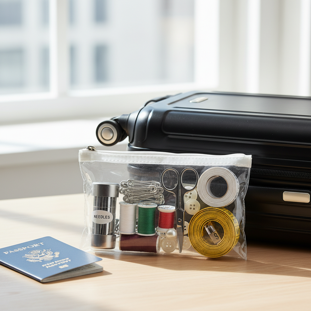 Organized travel pouch with sewing essentials and fabric tape