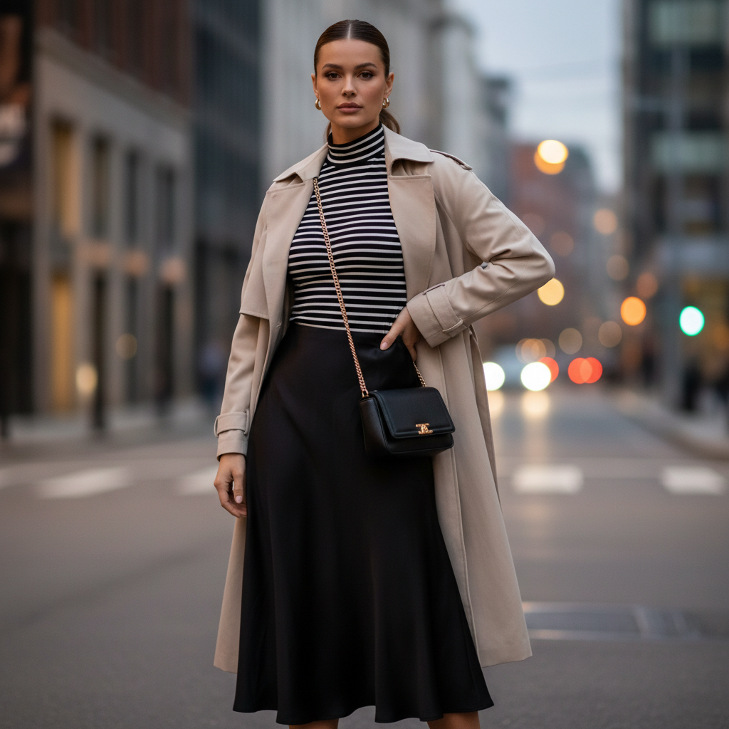 Striped shirt outfit with midi skirt and layered textures