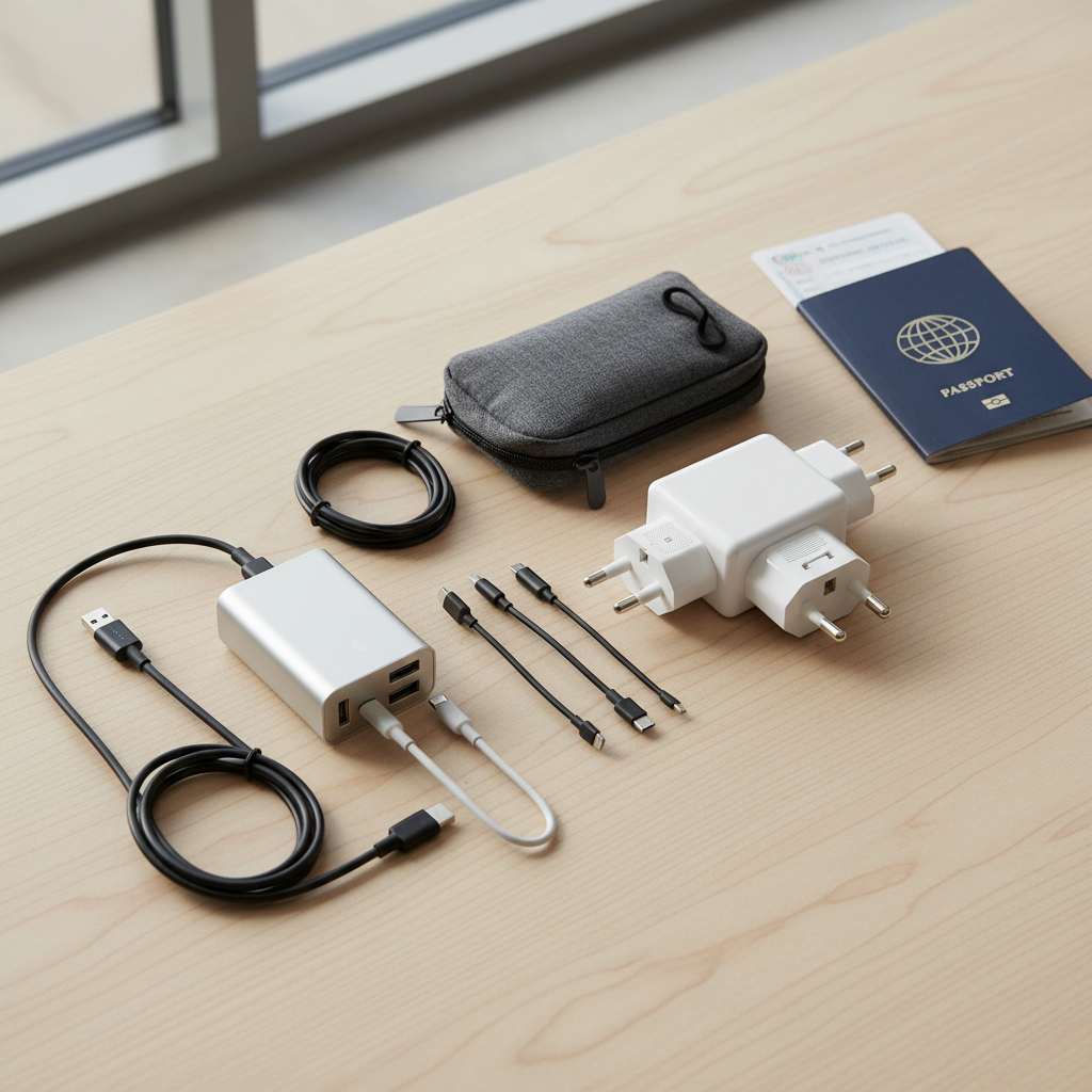 Travel power adapter kit laid out with plugs, USB charger, and cable organizer
