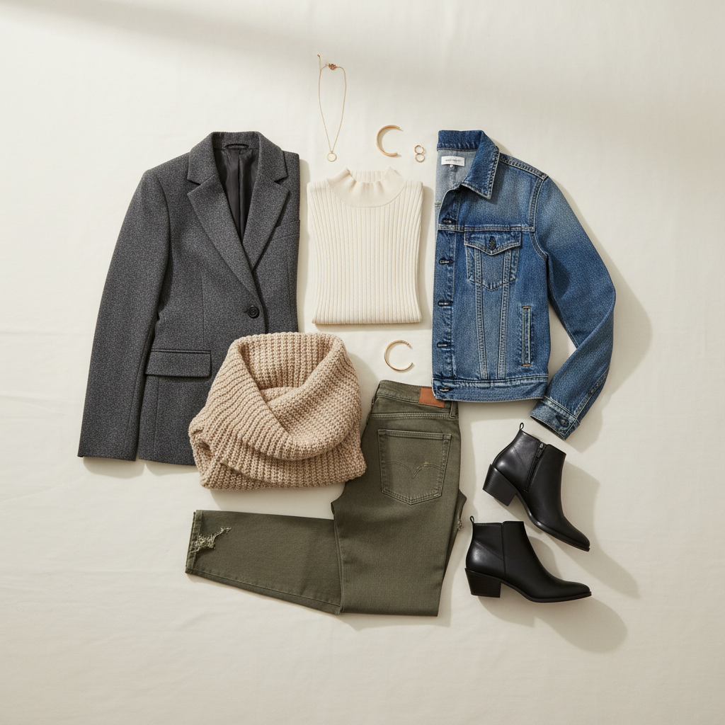 Minimal capsule wardrobe flat lay with mock neck top, blazer, denim jacket, cardigan, and trousers