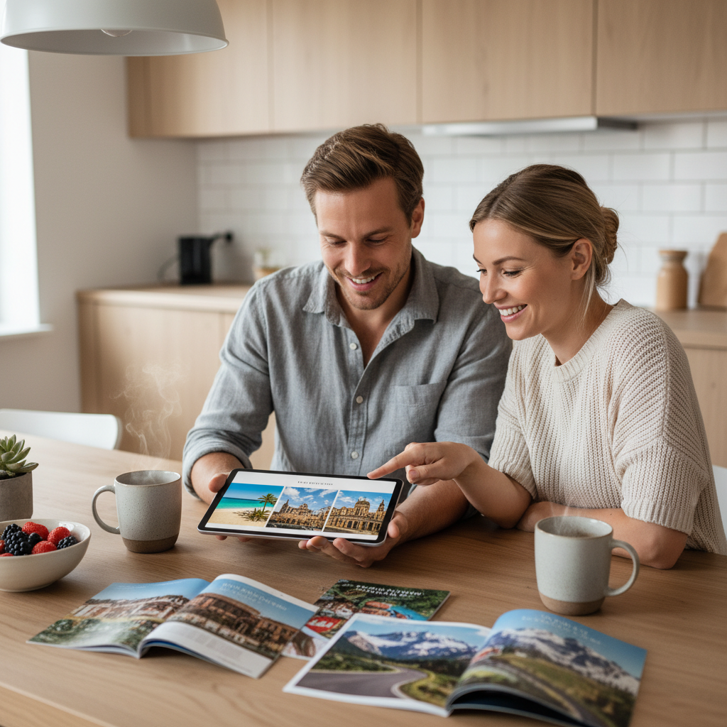 Couple choosing between beach, city, and mountain summer destinations