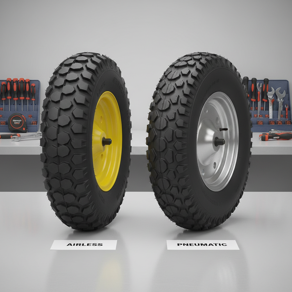 Comparing airless and pneumatic wheelbarrow tires side by side