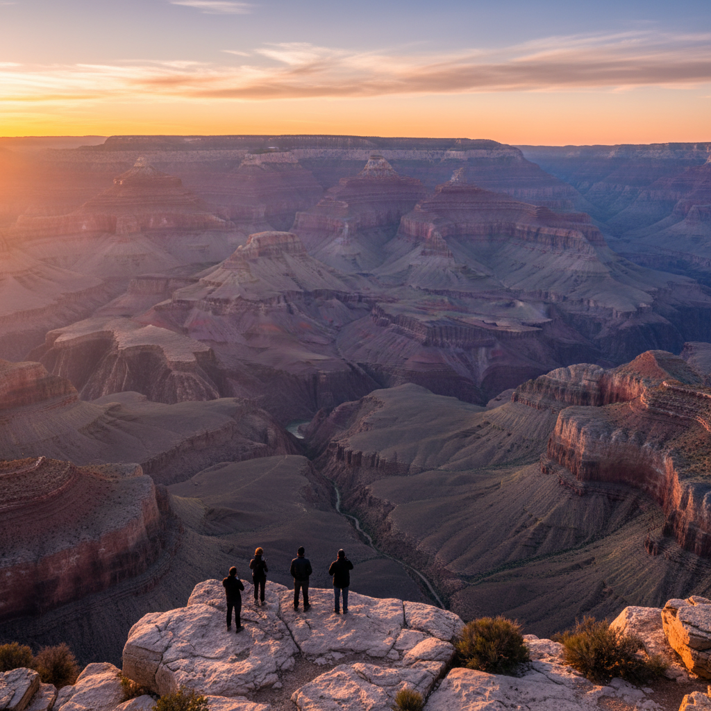 Sunrise lighting up the Grand Canyon from a rim viewpoint