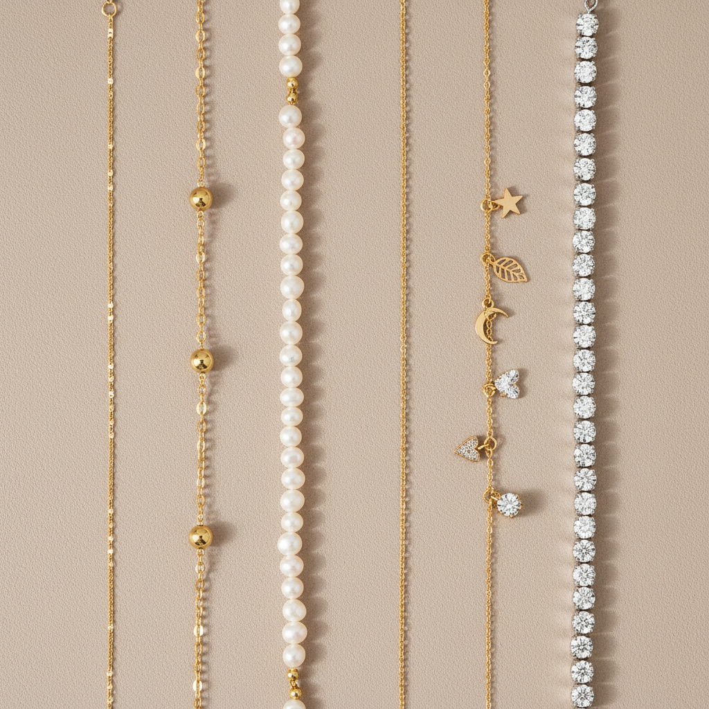 Anklet bracelet trend comparison flat lay with chain, pearl, and charm styles