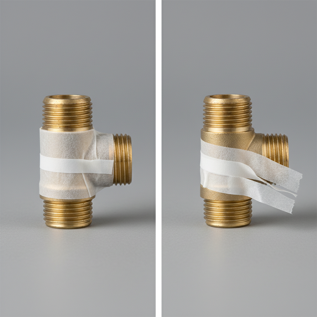 Proper vs improper PTFE tape wrap direction on threaded plumbing fitting