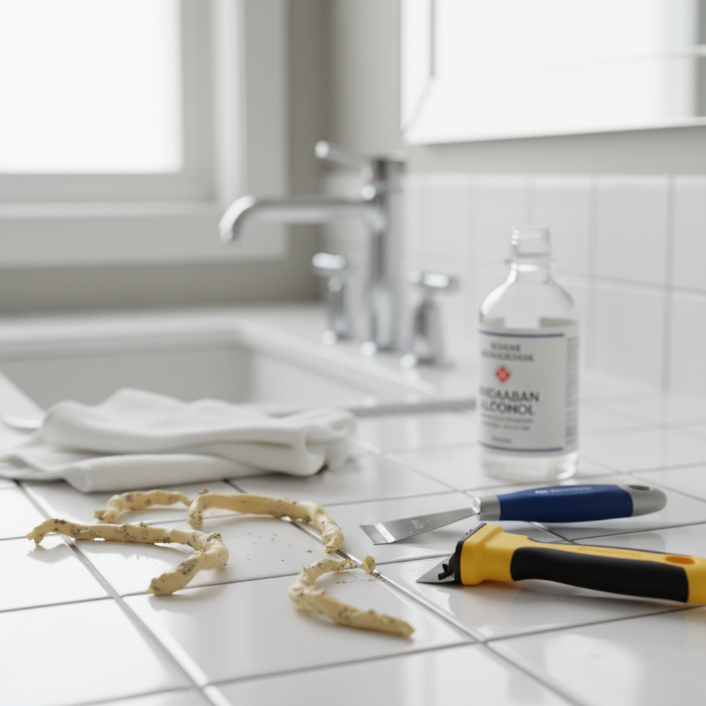 Cleaning a caulk removal tool next to old silicone sealant in a bathroom