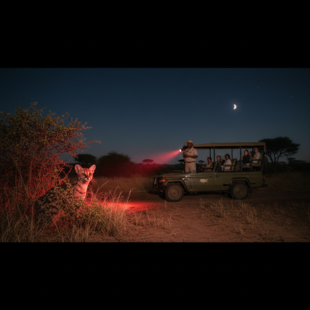 Ethical night wildlife viewing with red-filter spotlight from a distance