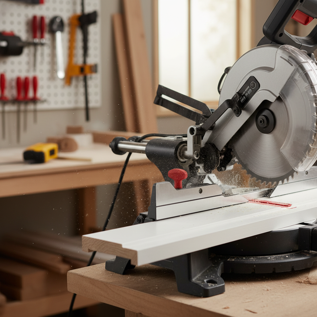 Fine cut miter saw blade making clean trim cut with minimal tear-out