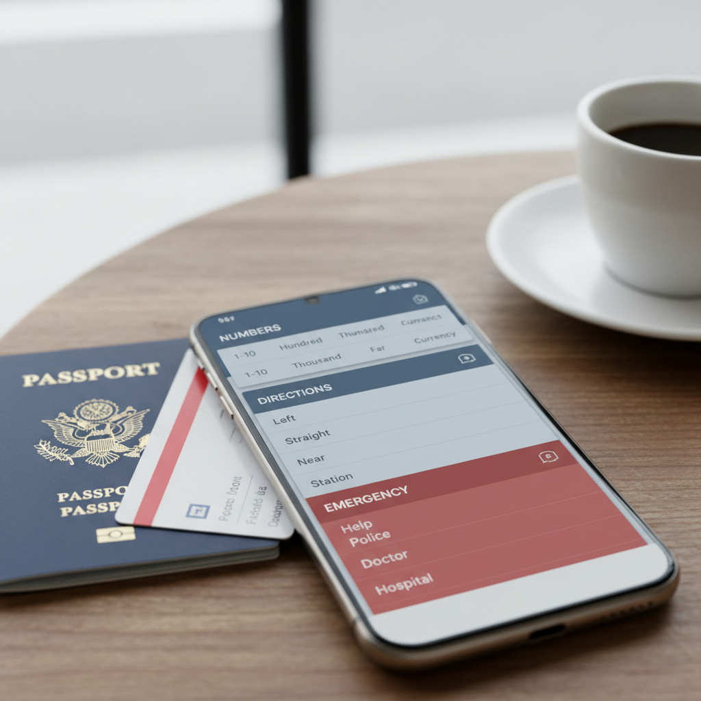 Simple travel phrase cheat sheet on a phone with numbers and emergency phrases