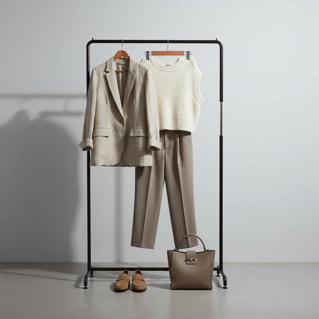 Business casual outfit formula with blazer trousers and tote bag in neutral colors