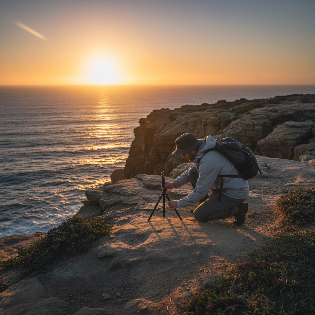 Traveler using a smartphone on a small tripod to photograph a sunset at a coastal cliff