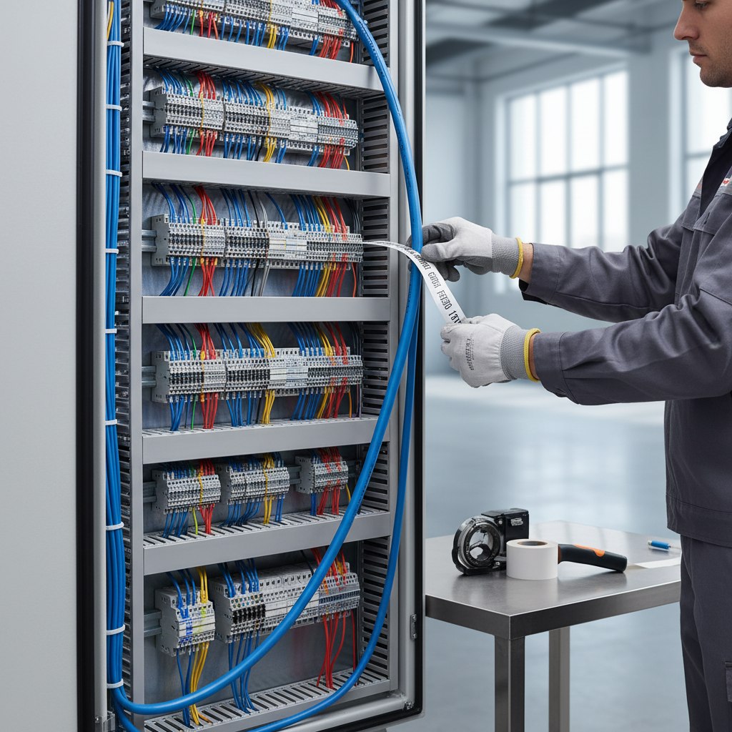 Technician applying cable labels inside an electrical control panel