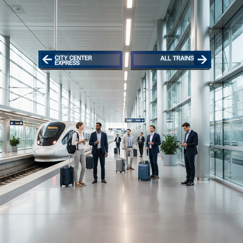 Airport train platform with clear wayfinding to the city center