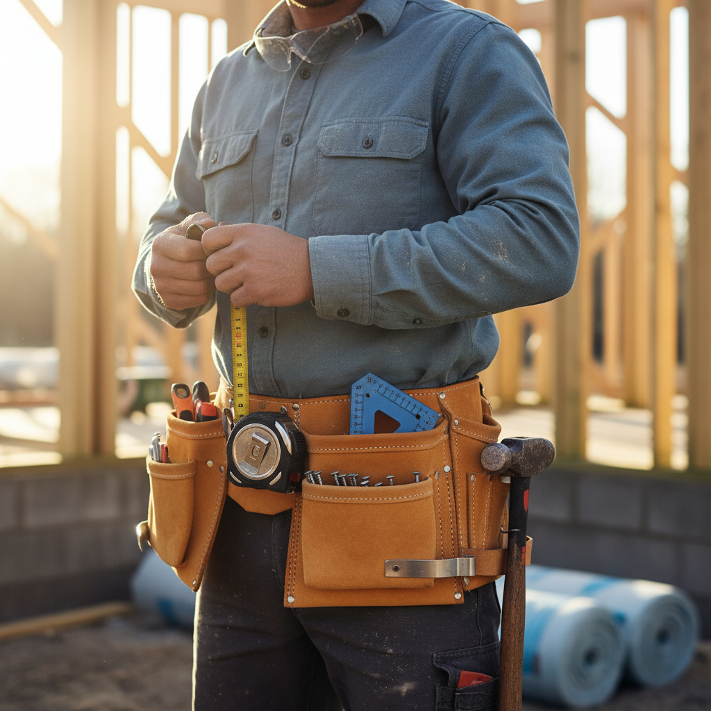 Carpenter wearing an adjustable tool belt pouch on a jobsite