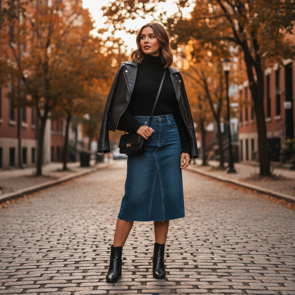 Denim skirt styled with ankle boots and leather jacket for fall