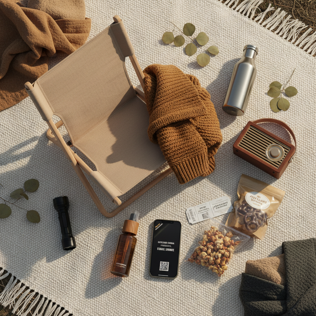 Outdoor movie night packing items like blanket, low chair, jacket, and bug spray