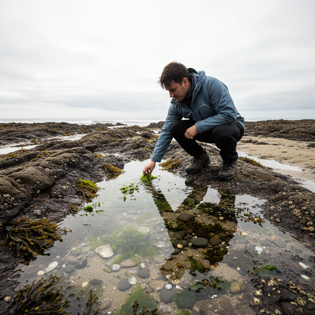 Tide pool exploration on rocky tidal flats with seaweed and shells