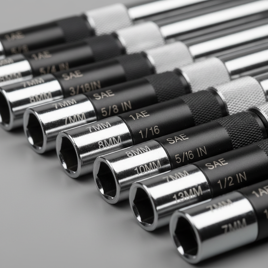 Close-up of nut driver size markings and hex tips showing metric and SAE labels