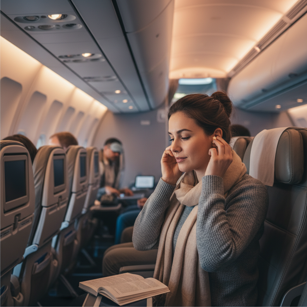 Traveler using earplugs on an airplane for noise reduction