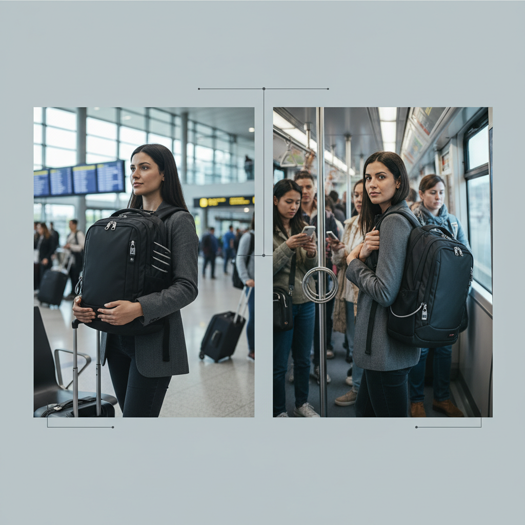 Anti theft travel backpack used at airport and on public transit